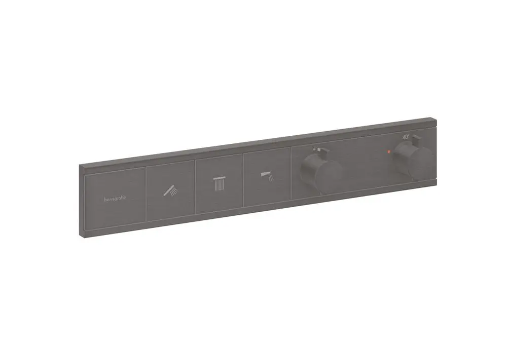 Thermostatbedienfeld von Hansgrohe mit mehreren Einstellmöglichkeiten für Wassertemperatur und -fluss in gebürstetem Schwarz.